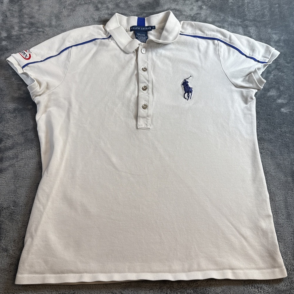 Ralph Lauren US Open Tennis White Polo Shirt Womens Size L Snap Closure RLX